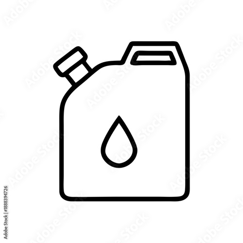 A clean, minimalist black line icon of a portable fuel canister. Featuring a universal drop symbol and a clearly defined cap and handle, this graphic is designed for high legibility 