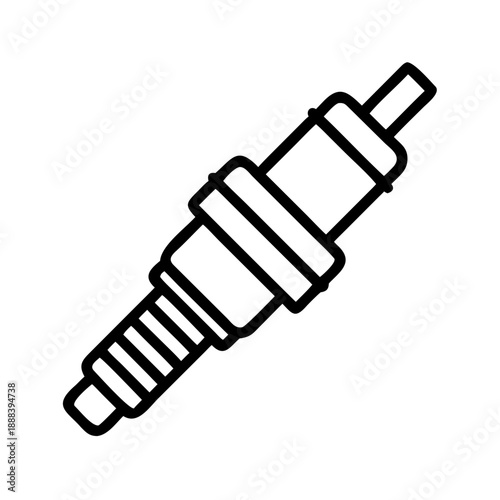 A clean, minimalist black line icon of an automotive spark plug, shown at a diagonal angle. This technical illustration represents engine ignition and maintenance, designed with consistent line 
