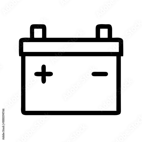 A minimalist black outline icon of a car battery featuring plus and minus polarity symbols, representing automotive power, electrical energy, and vehicle maintenance.