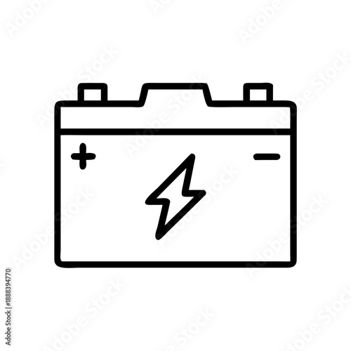 Line art car battery icon with lightning bolt, transparent background, isolated. Ideal for automotive repair blogs, electrical system guides, and websites covering car maintenance and battery life.