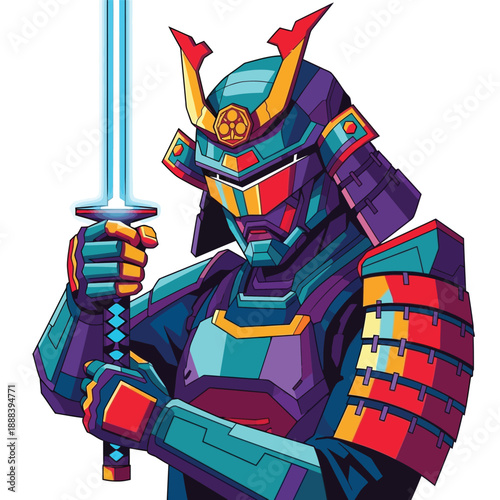 Cyberpunk Samurai Warrior Holding Glowing Katana Sword.