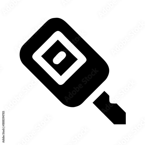 A high-contrast, silhouette-style icon representing a car key fob. It features a rectangular remote housing with a central button detail and an angled key blade extending from one corner.