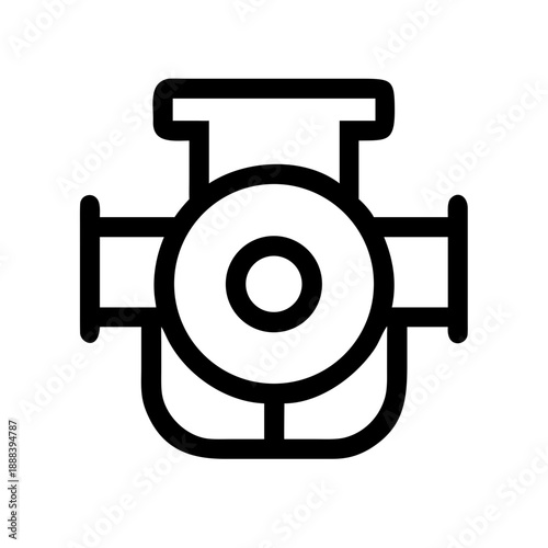 This is a black and white linear flat style industrial pump vector icon. The whole is composed of a central ring, a top interface, two horizontal interfaces on both sides and a bottom base. 