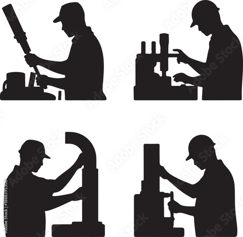 Automated Precision, A stark silhouette captures the intersection of human expertise and robotic precision in an industrial setting.