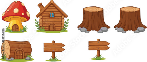 Cute fantasy forest elements set with mushroom house wooden cabin tree stumps and rustic signboards