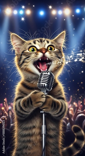 Adorable Tabby Cat Singing into Retro Microphone with Musical Notes on Concert Stage with Bright Spotlights