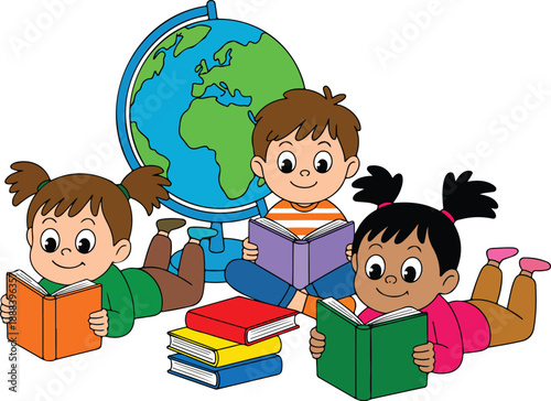 Happy Cartoon Children Learning Illustration Set Reading Books with Globe
