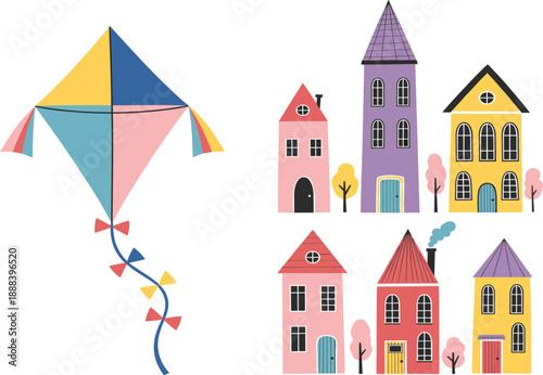 Cute flat vector set of colorful houses and flying kite in whimsical children illustration style