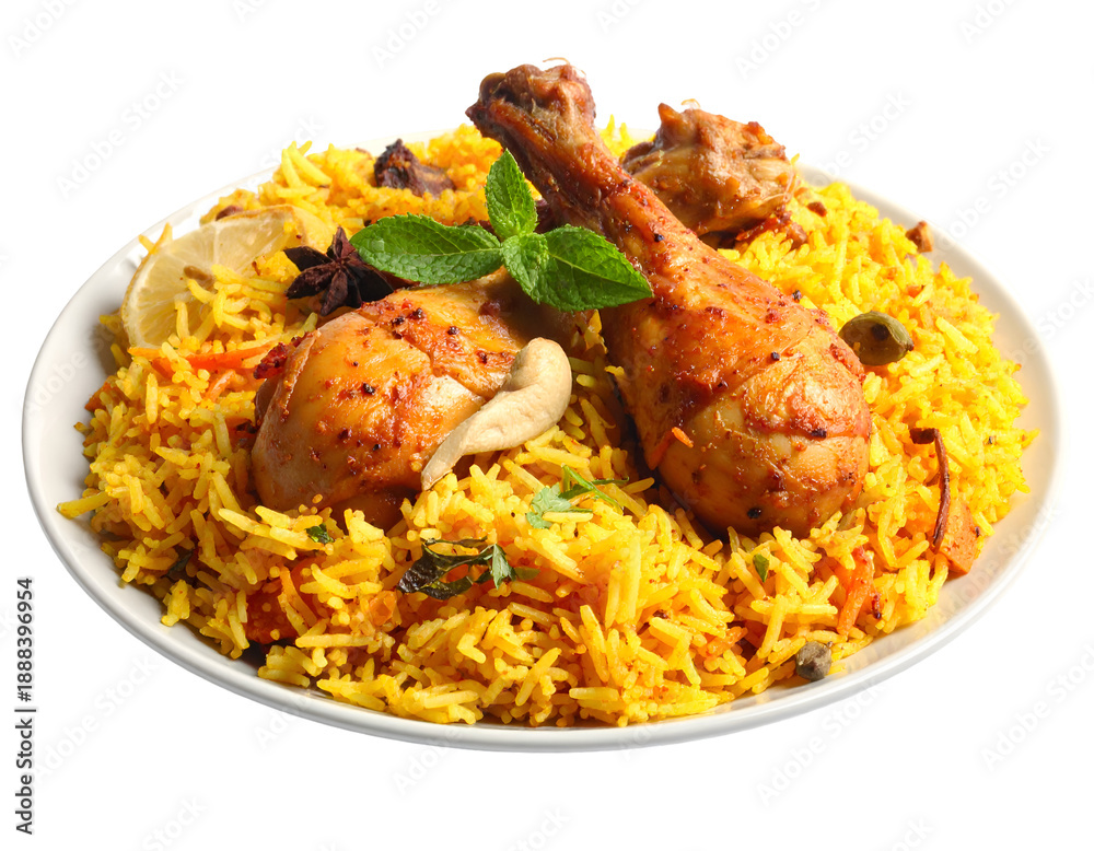 Fototapeta premium Plate of traditional chicken biryani on transparent png