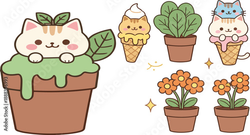 Cute kawaii cat and plant vector set with ice cream cats, potted flowers, pastel cartoon illustrations