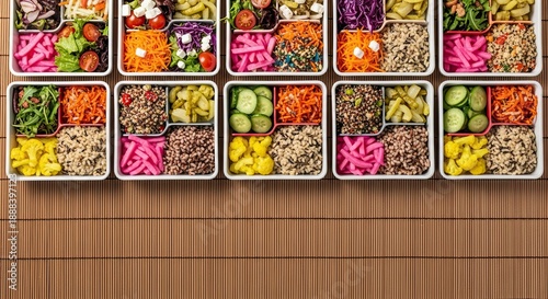 Assorted meal prep containers with healthy ingredients