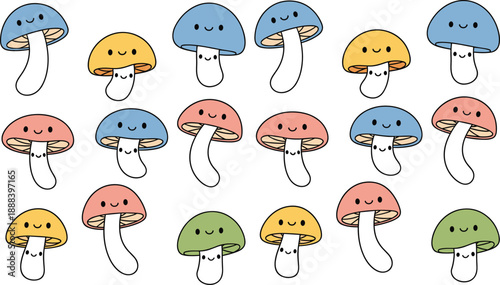 Cute kawaii mushroom character pattern with smiling faces in colorful flat cartoon style vector illustration