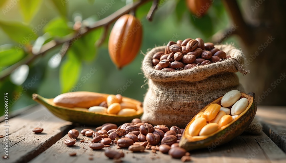 Fototapeta premium Raw cacao beans in burlap sack on wood table with open pod showing pulp and seeds. Cocoa fruits on tree branch above natural background. Fresh, organic ingredient for chocolate.