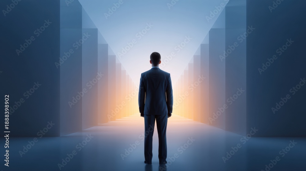 Obraz premium Business professional standing at the end of a futuristic corridor with glowing light, symbolizing opportunity, success, and new beginnings in career paths