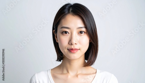 白背景で正面を向く若い女性の証明写真