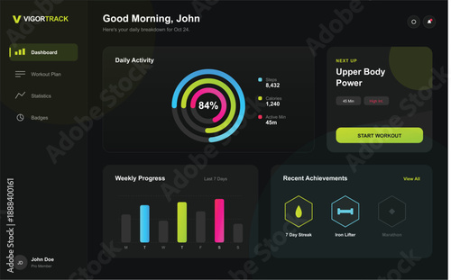 "This high-tech fitness dashboard utilizes a sleek dark-mode aesthetic, punctuated by high-contrast neon highlights in cyan, magenta, and lime green. The visual mood is one of modern, data-driven