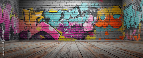 A vibrant graffiti mural on a brick wall in an empty room with a wooden floor