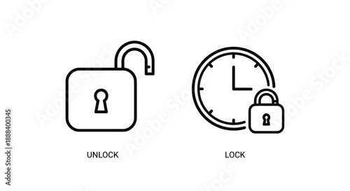 Padlock icons in simple line art style with unlocked and locked states in black on white background for security interface