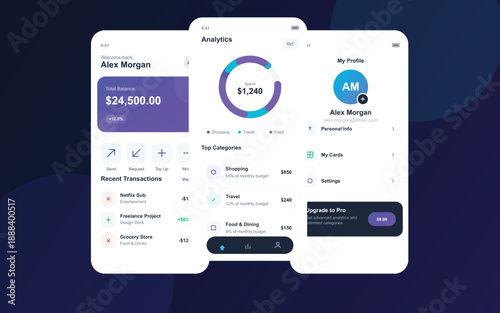 "A sleek and sophisticated user interface for a financial mobile application, set against a deep midnight blue background with vibrant purple and cyan accents. The visual mood is futuristic, 