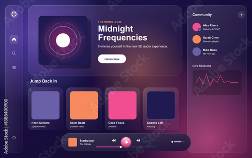 "A sleek and immersive music streaming dashboard utilizing a sophisticated glassmorphism aesthetic. The design features a deep purple and pink gradient color palette, creating a high-tech, late-night 