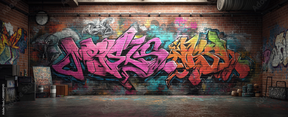 Obraz premium A vibrant graffiti mural adorns a brick wall in an urban warehouse setting.