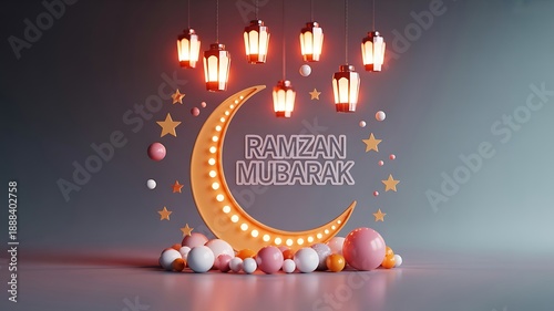 Golden crescent moon with Ramzan Mubarak text and hanging lanterns on a grey background