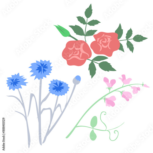 春の花、薔薇とスイトピーと矢車草/ Spring flowers, roses,sweet peas and arrow-crops