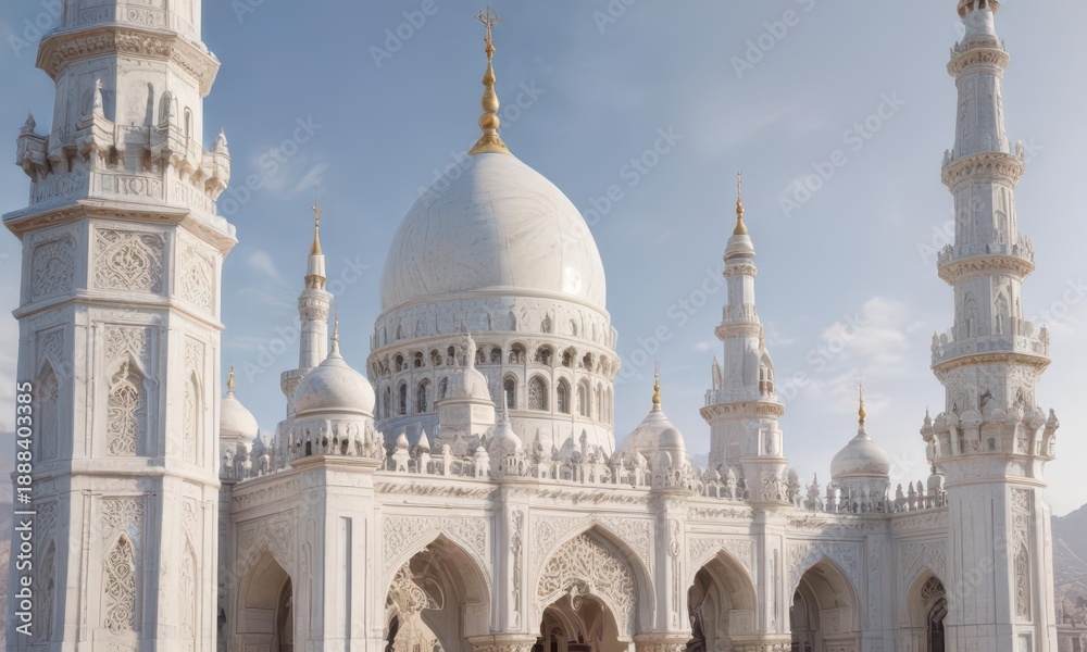 Fototapeta premium White marble facade with intricate domes and minarets, Ottoman, religion