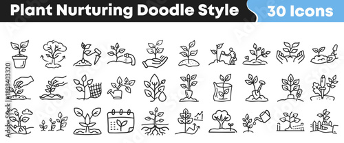 Collection of thirty detailed doodle style black and white icons illustrating various stages of plant nurturing and gardening processes