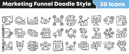 Collection of thirty hand drawn doodle style icons representing various stages and concepts within the complete digital marketing funnel process