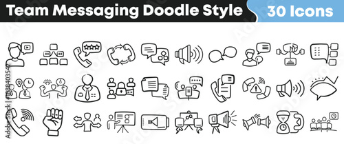 Collection of thirty hand drawn communication and team messaging doodle style icons representing various concepts like calls and feedback