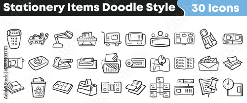 Collection of thirty hand drawn doodle style icons representing various essential stationery and office supplies for business organization needs
