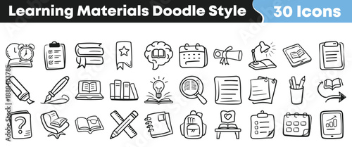 Thirty black and white hand drawn doodle style icons representing various learning materials essential for education and study