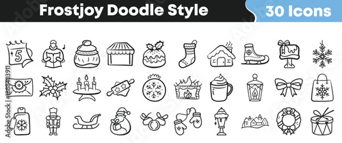 Collection of thirty hand drawn doodle style icons representing various joyful winter and holiday related themes perfect for seasonal design projects