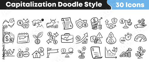 Collection of thirty doodle style icons representing various concepts related to finance investment business capital and market trends