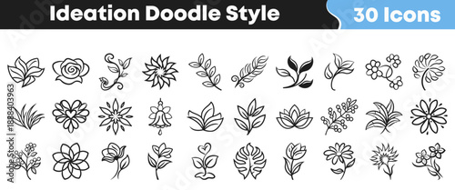 Collection of thirty doodle style black and white icons featuring various botanical elements like flowers leaves and delicate natural designs