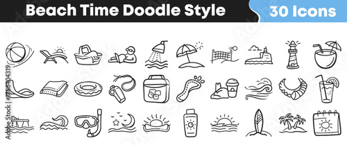 Collection of thirty hand drawn doodle style icons representing various summer vacation and beach time activities and objects perfect for travel design projects.