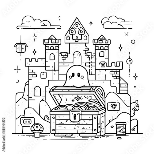 Ghost Sitting on Open Treasure Chest in Front of Medieval Castle