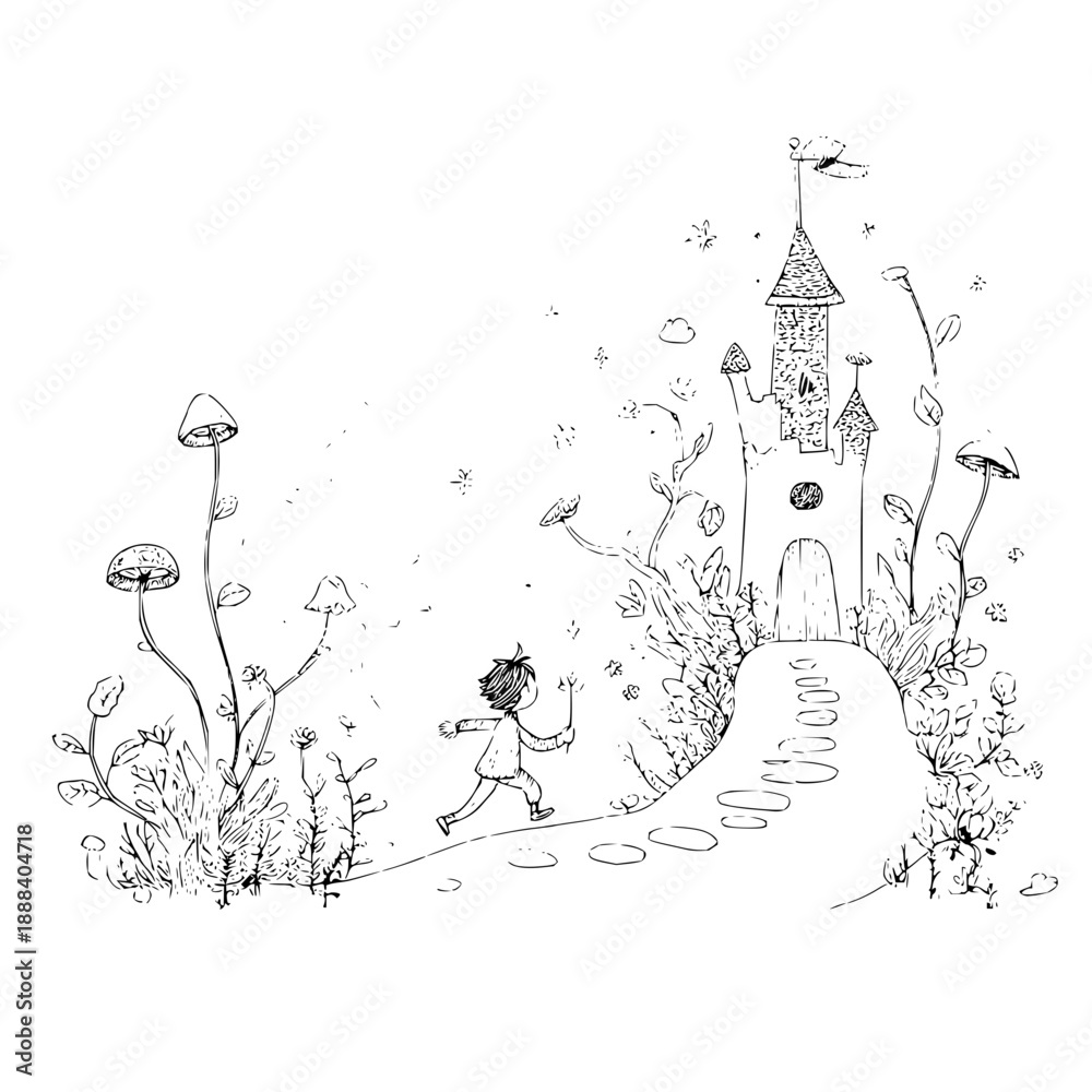 Obraz premium Little Boy Running Towards Fairy Castle in Garden