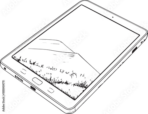 E-reader Tablet Device Hand-drawn Sketch Drawing Vector Illustration, Line Linear Symbol Engraving Coloring Book, Black and White Isolated