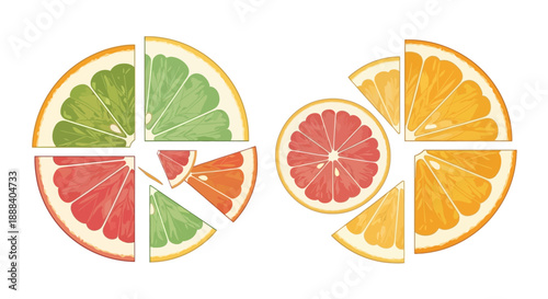 Colorful Sliced Citrus Fruits Pie Chart Illustration with Juicy Segments