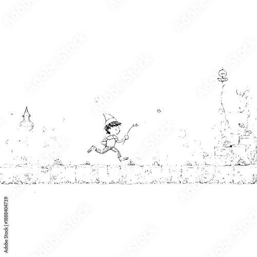 Pinocchio Running Fast in Field with Castle