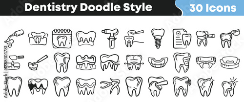 Thirty unique hand drawn doodle style icons representing various dental procedures and oral hygiene concepts for medical design use