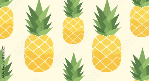 Seamless Pattern of Bright Yellow Pineapples with Green Leaves for Summer Design
