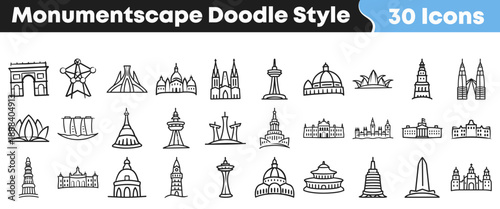 Collection of thirty detailed doodle style vector icons representing famous international monuments and architectural landmarks from around the world.