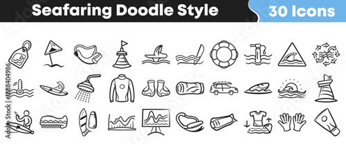 Set of thirty hand drawn doodle style icons representing various seafaring activities equipment and ocean related warnings for design projects.