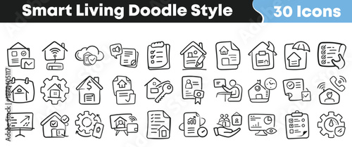 Collection of thirty black and white doodle style icons representing various aspects of smart living and modern home management concepts