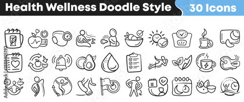 Collection of thirty hand drawn doodle style icons representing essential health and wellness concepts for lifestyle design projects