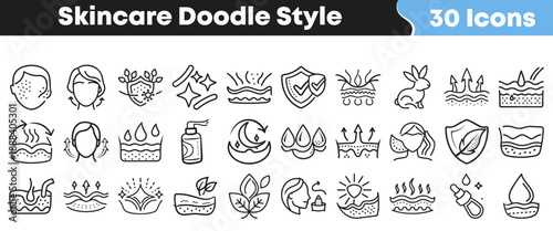 Collection of thirty unique doodle style icons illustrating various concepts related to skincare product features and cosmetic treatments
