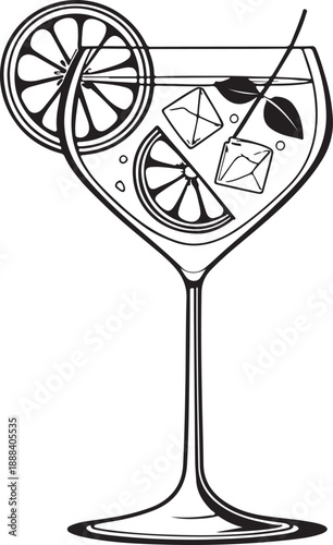 Gin and tonic cocktail Hand-drawn Sketch Drawing Vector Illustration, Line Linear Symbol Engraving Coloring Book, Black and White Isolated